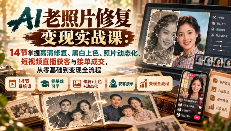 AI老照片修复变现实战课：14节掌握高清修复、黑白上色、照片动态化、短视频直播获客与接单成交，从零基础到变现全流程网创-网赚-电商-tk-出海-AI-抖音-快手-小红书-视频号-玩法-创业-小程序-公众号-私域-s粉网创智库