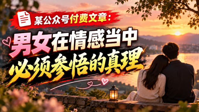 某公众号付费文章：男女在情感当中必须参悟的真理网创-网赚-电商-tk-出海-AI-抖音-快手-小红书-视频号-玩法-创业-小程序-公众号-私域-s粉网创智库