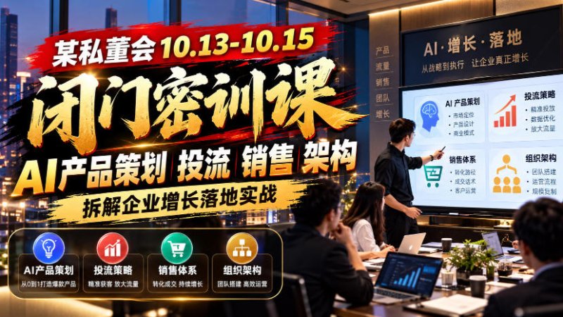 某私董会10.13-10.15闭门密训课，AI产品策划投流销售架构，拆解企业增长落地实战网创-网赚-电商-tk-出海-AI-抖音-快手-小红书-视频号-玩法-创业-小程序-公众号-私域-s粉网创智库