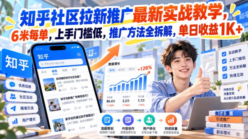 知乎社区拉新推广最新实战教学，6米每单，上手门槛低，推广方法全拆解，单日收益1K+！(更新1030)网创-网赚-电商-tk-出海-AI-抖音-快手-小红书-视频号-玩法-创业-小程序-公众号-私域-s粉网创智库