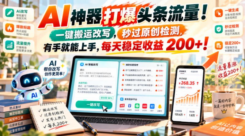 AI神器打爆头条流量，一键搬运改写，秒过原创检测，有手就能上手，每天稳定收益200+！【揭秘】网创-网赚-电商-tk-出海-AI-抖音-快手-小红书-视频号-玩法-创业-小程序-公众号-私域-s粉网创智库