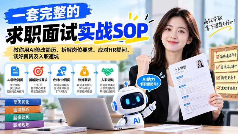 一套完整的求职面试实战SOP：教你用AI修改简历、拆解岗位要求、应对HR提问、谈好薪资及入职避坑网创-网赚-电商-tk-出海-AI-抖音-快手-小红书-视频号-玩法-创业-小程序-公众号-私域-s粉网创智库
