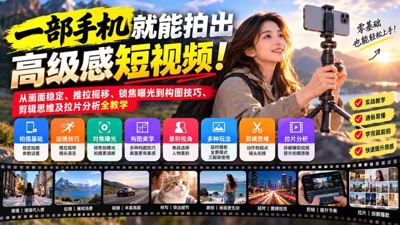 一部手机就能拍出高级感短视频!从画面稳定、推拉摇移、锁焦曝光到构图技巧、剪辑思维及拉片分析全教学网创-网赚-电商-tk-出海-AI-抖音-快手-小红书-视频号-玩法-创业-小程序-公众号-私域-s粉网创智库