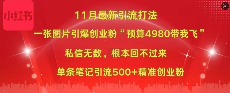 小红书11月最新图片打粉，一张图片引爆创业粉，“预算4980带我飞”，单条引流500+精准创业粉网创-网赚-电商-tk-出海-AI-抖音-快手-小红书-视频号-玩法-创业-小程序-公众号-私域-s粉网创智库